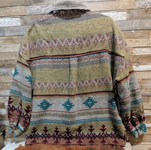 New Multi Color Hi Lo Aztec Raw Edge Oversized Shacket - Picture 11 of 16